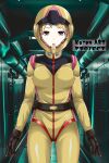  1girl :o alternate_eye_color assault_visor black_boots black_gloves blonde_hair bodysuit boots breasts brown_eyes closed_mouth collared_bodysuit commentary_request cowboy_shot earth_federation_space_forces full_body gloves gundam helmet highres mecha_interior mecha_pilot_suit medium_hair mobile_suit_gundam normal_suit_(gundam) open_mouth sayla_mass skin_tight spacesuit temisu_no_nageki tongue 