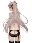  amatsukaze_(kantai_collection) ass ass_cutout black_hair black_legwear black_panties brown_eyes from_behind garter_belt kantai_collection lace lace-trimmed_panties long_hair looking_back meron panties silver_hair simple_background solo thighhighs topless two_side_up underwear very_long_hair white_background 