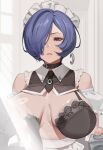  1boy 1girl absurdres apron bare_shoulders belt_collar black_bra blue_hair bra breast_sucking breasts closed_mouth collar commentary_request condom condom_wrapper crescent crescent_earrings earrings english_commentary enmaided hair_over_one_eye highres holding holding_condom hugeeros jewelry large_breasts maid maid_headdress mixed-language_commentary one_breast_out paid_reward_available promeia_(zenless_zone_zero) purple_eyes underwear waist_apron zenless_zone_zero 