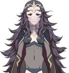  1girl brown_eyes covered_navel facial_mark fire_emblem fire_emblem_if forehead_mark long_hair messy_hair nyx_(fire_emblem) official_art simple_background tiara upper_body veil 