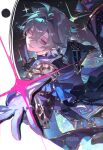  absurdres ahoge aqua_hair armor artist_name belt black_belt black_choker black_gloves blue_cape blue_gem blue_gloves blue_jacket border cape choker chromatic_aberration commentary crossed_bangs earrings empty_eyes floating_cape floating_clothes four-pointed_star from_behind gem genshin_impact gloves gold_trim hair_between_eyes hands_up highres index_finger_raised jacket jewelry lohen_(genshin_impact) long_sleeves looking_at_viewer mikuma2606 mole mole_under_eye outside_border pink_eyes ring short_hair shoulder_armor single_earring smile standing star_(sky) star_(symbol) star_symbol_background starry_sky_background teeth two-sided_gloves untranslatable_commentary watermark white_border 