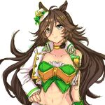  1girl ahoge animal_ears arm_strap asymmetrical_jacket blush breasts brown_hair choker collarbone cropped_jacket green_shirt hair_ornament hand_on_own_hip hat highres horse_ears horse_girl jacket long_hair looking_at_viewer medium_breasts midriff mini_hat mini_top_hat mr._c.b._(clear_bliss)_(umamusume) mr._c.b._(umamusume) navel parted_lips shirt simple_background single_bare_shoulder single_sleeve single_wrist_cuff smile solo strapless strapless_shirt top_hat umamusume upper_body white_background white_jacket wrist_cuffs yellow_choker zazaiiiz 