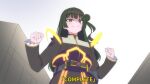  1girl akiha_school_uniform bang_dream! bang_dream!_yumemita belt commentary english_commentary from_below green_hair hair_bun hair_ornament hairclip henshin henshin_pose highres kaixa_driver kaixa_phone kamen_rider kamen_rider_555 kamen_rider_kaixa long_hair long_sleeves mole mole_under_mouth one_side_up reiei_8 rider_belt school_uniform single_side_bun skirt solo standing upper_body viola_(bang_dream!) x_hair_ornament 