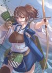  aiming antiqq archery arrow black_legwear blue_sky bow_(weapon) brown_eyes brown_hair cowboy_shot day drawing_bow flight_deck frown gloves highres holding holding_arrow holding_bow_(weapon) holding_weapon kaga_(kantai_collection) kantai_collection kyuudou long_hair muneate ocean outdoors outstretched_arm parted_lips partly_fingerless_gloves quiver side_ponytail single_glove skirt sky solo tasuki thighhighs weapon yugake 