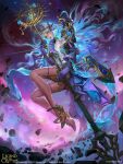  1girl 2019 aqua_hair armor artist_name asteroid_field blue_eyes blue_gem bracelet breasts center_opening company_name copyright_name copyright_notice dated dress faulds fingernails floating_armor full_body fur-trimmed_sleeves fur_trim galaxy gem gloves glowing glowing_chest glowing_hair gold_bracelet gold_shoes gold_tiara gold_trim gradient_hair high_heels highres jewelry legend_of_the_cryptids light_particles mage_staff magic milky_way multicolored_hair nebula open_clothes open_dress pauldrons purple_dress purple_gloves shoes shoulder_armor showgirl_skirt single_pauldron solo space staff star_(sky) starry_sky_background thigh_strap thighs tiara yu_cheng_hong 