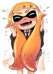  4shi afterimage blush closed_eyes domino_mask ear_blush embarrassed expressive_hair fangs hands_on_own_face highres inkling mask monster_girl necktie open_mouth orange_hair playing_with_own_hair pointy_ears school_uniform skirt solo splatoon_(series) splatoon_1 tentacle_hair 