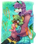  blue_eyes canine dog female fur green_eyes green_fur green_hair hair kemono long_hair mammal powderkona purple_hair short_hair yellow_fur 