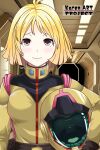  1girl alternate_eye_color assault_visor black_boots black_gloves blonde_hair bodysuit boots breasts brown_eyes closed_mouth collared_bodysuit commentary_request earth_federation_space_forces full_body gloves gundam helmet highres holding holding_unworn_helmet mecha_interior mecha_pilot_suit medium_hair mobile_suit_gundam normal_suit_(gundam) sayla_mass skin_tight smile spacesuit temisu_no_nageki unworn_headwear unworn_helmet 
