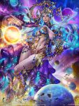  1girl 2020 aqua_hair armillary_sphere armor artist_name asteroid_field bikini bikini_armor blue_bikini blue_eyes blue_gem breasts closed_mouth commentary company_name copyright_name copyright_notice crown dated detached_sleeves faulds fingernails galaxy gem gold_trim gorget gradient_hair greaves groin hand_up high_heels highres holding holding_staff impossible_clothes jewelry large_breasts legend_of_the_cryptids light_particles lips long_hair looking_at_viewer mage_staff magic micro_bikini milky_way multicolored_hair navel pauldrons planet purple_skirt realistic shoulder_armor showgirl_skirt skirt sky solo space staff star_(sky) star_(symbol) starry_sky starry_sky_background sun swimsuit thighs tiara white_hair yu_cheng_hong 