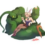  1girl animal_ears battle_bunny_riven belt breasts bunny_ears bunnysuit cleavage cocktail_glass cup drinking_glass folded_ponytail goo_guy highres league_of_legends medium_breasts monster_boy pantyhose redlion riven_(league_of_legends) short_hair silver_hair slime sword weapon zac 