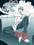  1boy bird blue_hair character_name clenched_teeth commentary_request couch curly_hair ghiaccio greyscale hawk highres in-franchise_crossover jojo_no_kimyou_na_bouken male_focus monochrome pants pet_shop power_connection red-framed_eyewear red_shoes red_skirt shoes sitting skirt spot_color stardust_crusaders striped_clothes striped_pants teeth touyama_maki vento_aureo vertical-striped_clothes vertical-striped_pants 