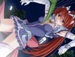  1girl 2000s_(style) bow breasts cleavage clenched_teeth dutch_angle elbow_gloves elixir_lime game_asset gloves long_hair magical_girl mahou_senshi_(series) mahou_senshi_elixir_knights medium_breasts night non-web_source official_art outdoors panties pantyshot pink_panties ponytail purple_eyes red_hair saitou_natsuki self-datamine skirt solo tachibana_arisu_(mahou_senshi) teeth tentacles thighhighs underwear variant_set visual_novel_cg 