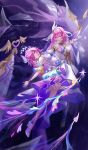  2girls absurdres breasts chinese_commentary color_connection commentary_request corset cyrene_(demiurge)_(honkai:_star_rail) cyrene_(honkai:_star_rail) diamond-shaped_pupils diamond_(shape) dress elf elysia_(herrscher_of_human:_ego)_(honkai_impact) elysia_(honkai_impact) flower gloves hair_color_connection hair_flower hair_ornament high_heels highres honkai:_star_rail honkai_(series) honkai_impact_3rd inoue_marina large_breasts long_hair long_pointy_ears multiple_girls pink_hair pointy_ears purple_eyes short_hair star_(sky) starry_sky_background symbol-shaped_pupils veil very_long_hair voice_actor_connection wazh white_corset white_dress white_gloves white_veil yanning 
