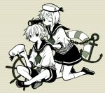  1boy 1girl ahoge anchor anchor_symbol anzu_(o6v6o) between_legs brother_and_sister hair_ornament hairpin hand_between_legs hand_on_another&#039;s_shoulder hat hat_removed hat_ribbon headwear_removed holding holding_hat innertube kagamine_len kagamine_rin kneeling legs_crossed multiple_monochrome neckerchief one_eye_closed ribbon school_uniform serafuku ship&#039;s_wheel shoes short_hair short_sleeves siblings sitting skirt socks striped striped_background telescope twins vocaloid 