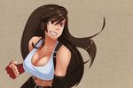  bad_deviantart_id bad_id bared_teeth black_hair breasts brown_eyes cleavage clenched_hand elbow_gloves fang final_fantasy final_fantasy_vii fingerless_gloves gloves large_breasts lips long_hair low-tied_long_hair midriff navel pencil_skirt skirt solo suspenders tifa_lockhart whistle_frog 