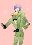  2boys arms_around_another's_head black_collar black_shoes blonde_hair blush char_aznable collar commentary_request garma_zabi green_jacket gundam heart hug jacket male_focus medium_hair mobile_suit_gundam mobile_suit_gundam_the_origin multiple_boys open_mouth p.kibi purple_hair shoes short_hair smile tackle teeth tongue upper_teeth_only yaoi zeon 