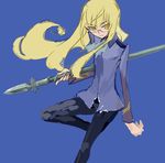  black_legwear blonde_hair blue_background cravat glasses homare_(homaredai) long_hair long_sleeves military military_uniform panties panties_under_pantyhose pantyhose perrine_h_clostermann polearm simple_background smile solo spear strike_witches underwear uniform weapon world_witches_series yellow_eyes 
