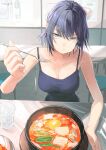  1girl absurdres bare_arms bare_shoulders blue_camisole blue_hair breasts camisole cleavage commentary cup eating english_commentary food grey_eyes hair_between_eyes highres holding holding_spoon ice ice_cube indoors large_breasts looking_at_viewer noodles original pppmepl ramen short_hair signature sitting sleeveless solo spoon 