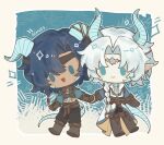  2boys angert_(infinity_nikki) aqua_eyes aqua_horns aqua_scales aqua_shirt arm_belt armor belt black_gloves black_headband black_pants blue_background blue_hair blue_tunic blush_stickers bolu_agnes boots border bracer braid brown_belt brown_boots brown_corset brown_gloves brown_shrug chibi chinese_commentary closed_mouth coat collared_shirt commentary_request corset cropped_shirt cross-laced_armwear cross-laced_clothes cross-laced_top crossed_belts dark-skinned_male dark_skin dragon_boy dragon_horns dragon_tail ear_piercing elbow_gloves eyes_visible_through_hair gloves hair_between_eyes happy headband high_collar highres holding_hands horns infinity_nikki jewelry long_sleeves looking_at_another male_focus meghill_(infinity_nikki) midriff multiple_belts multiple_boys necklace nikki_(series) open_mouth outline outside_border pants parksolian_(infinity_nikki) parted_bangs pauldrons piercing pointy_ears puffy_long_sleeves puffy_sleeves shirt short_hair_with_long_locks shoulder_armor shrug_(clothing) side_braid signature single_braid sleeveless sleeveless_coat smile solid_oval_eyes sparkle tail thigh_boots tunic white_coat white_hair white_outline white_shirt yellow_border 