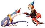  2015 aogami cake canine clothing dog duo eyewear female feral fingerless_gloves flat_chested food fork gloves goggles hair hat hi_res human loli male mammal melee_weapon party_hat paws plain_background plate repede rita_mordio short_hair smile sword tales_of_vesperia weapon white_background young 