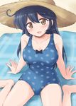 black_hair blanket blue_swimsuit blush breasts brown_eyes cleavage collarbone hat kantai_collection large_breasts long_hair looking_at_viewer marugoshi_(54burger) open_mouth polka_dot polka_dot_swimsuit sitting smile solo straw_hat swimsuit ushio_(kantai_collection) very_long_hair wariza 