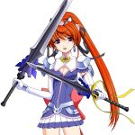  1girl 2000s_(style) :o blush bow breasts cleavage dual_wielding earrings elbow_gloves elixir_lime game_asset gloves hair_ribbon holding holding_sword holding_weapon jewelry large_variant_set long_hair magical_girl mahou_senshi_(series) mahou_senshi_elixir_knights medium_breasts non-web_source official_art open_mouth orange_hair ponytail purple_eyes red_hair ribbon sad saitou_natsuki self-datamine simple_background skirt solo sword tachi-e tachibana_arisu_(mahou_senshi) thighhighs transparent_background variant_set weapon zettai_ryouiki 