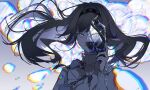  1girl absurdres arknights black_hair black_hairband bow chinese_commentary chromatic_aberration commentary_request crystal crystal_shards floating_hair grey_bow grey_eyes grey_jacket grey_shirt grin hairband heavy_chromatic_aberration highres holding holding_crystal jacket koroy long_hair long_sleeves looking_at_viewer priestess_(arknights) shirt smile solo surreal turtleneck turtleneck_shirt 