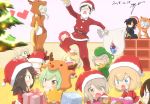  &gt;_&lt; aki_(girls_und_panzer) anchovy animal_costume animal_ears biting blonde_hair blue_eyes blush boko_(girls_und_panzer) box brown_hair candy christmas_tree coffee crying cup darjeeling dated dinosaur_costume eating fang flint_(girls_und_panzer) food gift gift_box girls_und_panzer glasses green_eyes green_hair grey_hair grin hat hat_over_eyes highres indoors itsumi_erika jinguu_(4839ms) katyusha light_brown_hair lollipop looking_at_another looking_to_the_side microphone mikko_(girls_und_panzer) music nishizumi_maho nonna ogin_(girls_und_panzer) older one_eye_closed open_mouth pizza red_eyes red_hair reindeer_costume rosehip sack santa_costume santa_hat screaming shimada_arisu short_twintails signature silver_hair singing sitting smile spilling star stuffed_animal stuffed_toy surprised teddy_bear tsuji_renta twintails wooden_floor younger 