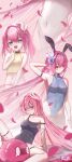  3girls absurdres animal_ears bai_ze:_mu_ye_bing black_leotard blue_eyes blue_leotard breasts color_connection commentary commentary_request covered_navel cyrene_(demiurge)_(honkai:_star_rail) cyrene_(honkai:_star_rail) cyrene_(philia093)_(honkai:_star_rail) dual_persona elf elysia_(honkai_impact) fake_animal_ears falling_petals flower hair_color_connection hair_flower hair_ornament highres honkai:_star_rail honkai_(series) honkai_impact_3rd inoue_marina leotard long_hair looking_at_viewer medium_hair multiple_girls open_mouth petals pink_hair playboy_bunny pointy_ears purple_eyes rabbit_ears shirt small_breasts smile strap_slip very_long_hair voice_actor_connection white_shirt yanning 