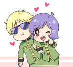  2boys arm_hug blonde_hair char_aznable chibi collared_jacket commentary_request cowboy_shot garma_zabi green_jacket gundam heart hug hug_from_side jacket lowres medium_hair mobile_suit_gundam mobile_suit_gundam_the_origin multiple_boys one_eye_closed open_mouth p.kibi pout purple_hair short_hair sunglasses teeth tongue upper_teeth_only yaoi 