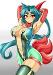  animal_ears big_breasts blush breasts clothed clothing elbow_gloves female fox_ears fox_tail gloves green_hair hair humanoid legwear mammal multiple_tails navel plain_background pose raised_arm red_eyes sirat111 skimpy solo thigh_highs tight_clothing 