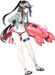  1girl alpha_(escalation_heroines) bikini black_hair blush breasts choukou_(alicesoft) choukou_taisen_escalation_heroines closed_mouth collarbone flower full_body grey_eyes grey_jacket hair_flower hair_ornament hand_on_own_hip highres holding hood inflatable_toy jacket long_hair looking_at_viewer medium_breasts navel official_art one_side_up open_clothes open_jacket orion_(orionproject) purple_bikini sandals sidelocks simple_background solo standing swimsuit tachi-e thigh_strap toenails transparent_background very_long_hair visor_cap wristband 