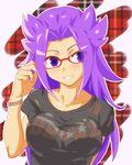  adjusting_eyewear bad_id bad_pixiv_id bespectacled bracelet breasts contemporary glasses grin highres jewelry jun'you_(kantai_collection) kantai_collection large_breasts long_hair purple_eyes purple_hair red-framed_eyewear sa_(saki-ri) shirt smile solo spiked_hair t-shirt 