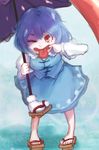  absurdres blue_dress blue_hair commentary dress geta hair_between_eyes highres hoshibuchi karakasa_obake long_sleeves mouth_pull one_eye_closed open_mouth puffy_long_sleeves puffy_sleeves red_eyes short_hair skirt skirt_set solo tatara_kogasa tongue tongue_out touhou umbrella 