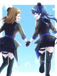 2girls 6th_live_dream_~bloom_garden_party~ :d awoke_(love_live!) black_boots black_gloves black_shorts black_skirt blue_gloves blue_jacket blue_sky boots closed_eyes commentary_request dollchestra from_behind gloves highres holding_hands jacket kachimachi_kosuzu kanduki_kamibukuro leg_up love_live! love_live!_hasu_no_sora_jogakuin_school_idol_club multiple_girls murano_sayaka open_mouth pinstripe_jacket pinstripe_pattern profile seishun_no_rinkaku shorts shorts_under_skirt sideways_mouth skirt sky smile song_name thigh_boots 
