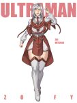  1girl arm_up boots character_name collared_shirt commentary copyright_name crossed_ankles dress earrings genderswap genderswap_(mtf) grey_hair grey_nails highres invisible_floor jewelry jinri_shijie long_sleeves looking_at_viewer necktie one_eye_closed open_mouth pelvic_curtain red_dress red_necktie red_trim shirt simple_background skirt smile solo standing thigh_boots tokusatsu ultra_series ultraman_(1st_series) white_background white_boots white_shirt white_skirt yellow_eyes zettai_ryouiki zoffy_(ultra_series) 