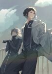  2boys adjusting_clothes adjusting_gloves akutagawa_ryuunosuke_(bungou_stray_dogs) black_gloves black_hair black_pants black_shirt bungou_stray_dogs cloud coat commentary_request from_below gloves grey_coat grey_hair highres looking_to_the_side male_focus multicolored_hair multiple_boys nakajima_atsushi_(bungou_stray_dogs) necktie pants shirt sidelocks sky striped_clothes striped_pants suspenders totomuraakat twitter_username two-tone_hair vertical-striped_clothes vertical-striped_pants white_necktie 