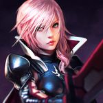  armor blue_eyes chromatic_aberration face final_fantasy final_fantasy_xiii ilya_kuvshinov lightning_farron lips long_hair looking_at_viewer md5_mismatch pink_hair popped_collar simple_background smile solo sword upper_body weapon 