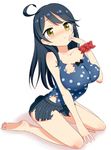  black_hair breasts brown_eyes cleavage kantai_collection kemu_(guruguru_dan) large_breasts long_hair one-piece_swimsuit polka_dot polka_dot_swimsuit scrunchie sitting skirt solo swimsuit tears torn_clothes torn_skirt torn_swimsuit ushio_(kantai_collection) wrist_scrunchie 