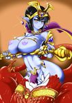  big_breasts black_hair blue_skin blush breasts clothed clothing female hair half-dressed looking_at_viewer naga nipples plain_background pose scalie sirat111 skimpy smile solo yellow_eyes 