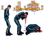  1boy afraid_of_monsters black_hoodie bleeding blood blood_from_mouth bloodshot_eyes brown_hair commentary crossed_arms curled_up david_leatherhoff drugs english_commentary from_side full_body highres hood hood_down hoodie hunched_over male_focus multiple_views oldddincq6 overdose pants pill_bottle print_hoodie progression short_hair slouching solo spitting spitting_blood striped_clothes striped_hoodie striped_pants vomiting 