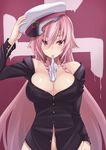  biting breasts glove_in_mouth gloves gloves_removed hand_on_headwear hat large_breasts long_hair looking_at_viewer mouth_hold navel original peaked_cap pink_eyes pink_hair pointy_ears sengoku_aky solo upper_body very_long_hair 