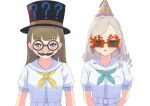  2girls aqua_neckerchief black-framed_eyewear black_hat braid breast_pocket brown_hair center-flap_bangs ceras_yanagida_lilienfeld commentary_request dollchestra dress fake_facial_hair fake_mustache fake_nose glasses grey_hair groucho_glasses hair_ribbon hasu_no_sora_school_uniform hat highres kachimachi_kosuzu long_hair love_live! love_live!_hasu_no_sora_jogakuin_school_idol_club multiple_girls neckerchief novelty_glasses open_mouth party_hat pink_eyes pink_ribbon pochieese pocket print_hat question_mark_print red-framed_eyewear ribbon round_eyewear sailor_collar school_uniform short_sleeves side_braids summer_uniform upper_body virtual_youtuber white_dress white_sailor_collar yellow_neckerchief 