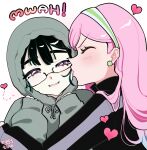  2girls alien_stage artist_name black_hair black_jacket closed_eyes commentary earrings eggytime english_commentary glasses green_hairband grey_hoodie hairband heart highres hood hood_up hoodie jacket jewelry kiss kissing_cheek lesbian_flag long_hair mizi_(alien_stage) multicolored_hairband multiple_girls official_alternate_costume pink_hair purple_eyes sphere_earrings striped_clothes striped_hairband sua_(alien_stage) two-tone_hairband white_hairband yuri 