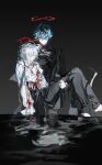  2boys arknights arknights:_endfield bad_anatomy bad_hands barefoot black_background black_jacket black_pants blood blood_on_chest blood_on_clothes blood_on_hand blue_hair brothers camille_(arknights) carrying carrying_person char_(arknights) chinese_commentary commentary_request feet_out_of_frame gradient_background grimace hair_over_one_eye halo highres jacket l1_bei male_focus multiple_boys pants photo-referenced pinstripe_jacket pinstripe_pattern pointy_ears princess_carry siblings thorns wading white_hair 