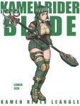  1girl armor armored_boots belt boots character_name cleavage_cutout closed_mouth clothing_cutout collared_shirt commentary copyright_name green_boots green_hair green_jacket green_shorts green_theme highres holding holding_weapon holster jacket jinri_shijie kamen_rider kamen_rider_blade_(series) kamen_rider_leangle leangle_buckle leangle_rouzer long_sleeves looking_at_viewer open_clothes open_jacket pauldrons purple_eyes rider-tan shirt short_hair shorts shoulder_armor simple_background solo thigh_boots thigh_holster thighs tokusatsu vambraces weapon white_background yellow_shirt 