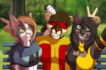  abs anthro bench black_hair breasts brown_hair canine cheek_tuft cleavage cleavage_cutout clothed clothing ear_piercing fcsimba feline female fur green_eyes group hair howler_(wolfrider) male mammal mask midriff muscles outside piercing scarf shifty_(bluwolf0) short_hair smile strikira tuft wolf yellow_eyes 
