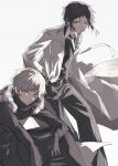  2boys akutagawa_ryuunosuke_(bungou_stray_dogs) black_hair black_shirt bungou_stray_dogs closed_mouth coat commentary_request dress_shirt grey_hair hand_in_pocket highres looking_at_viewer male_focus multiple_boys nakajima_atsushi_(bungou_stray_dogs) necktie one_eye_closed pants shirt short_hair sidelocks simple_background single_sidelock sitting standing striped_clothes striped_pants torn_clothes torn_coat totomuraakat vertical-striped_clothes vertical-striped_pants white_background white_coat white_necktie 