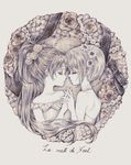  bare_shoulders choker closed_eyes colored_pencil_(medium) eyelashes flower french from_side hair_flower hair_ornament high_ponytail holding_hands interlocked_fingers long_hair mahou_shoujo_madoka_magica miki_sayaka monochrome multiple_girls ribbon sakura_kyouko short_hair traditional_media typo upper_body very_short_hair wreath yukishiro_(hitsuji) yuri 