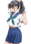  1girl aqua_neckerchief asuka_gin black_hair blue_sailor_collar blue_skirt closed_mouth commentary_request cowboy_shot from_side hair_tie hair_tie_in_mouth hands_up highres long_hair looking_at_viewer looking_to_the_side midriff_peek miniskirt mouth_hold neckerchief original pleated_skirt ponytail profile sailor_collar school_uniform serafuku short_sleeves sideways_glance signature simple_background skirt smile solo standing summer_uniform tying_hair white_background yellow_eyes 
